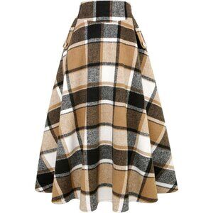 Women’s Plaid Brown Fall Winter High Waisted Wool Plaid A-line Long Skirt